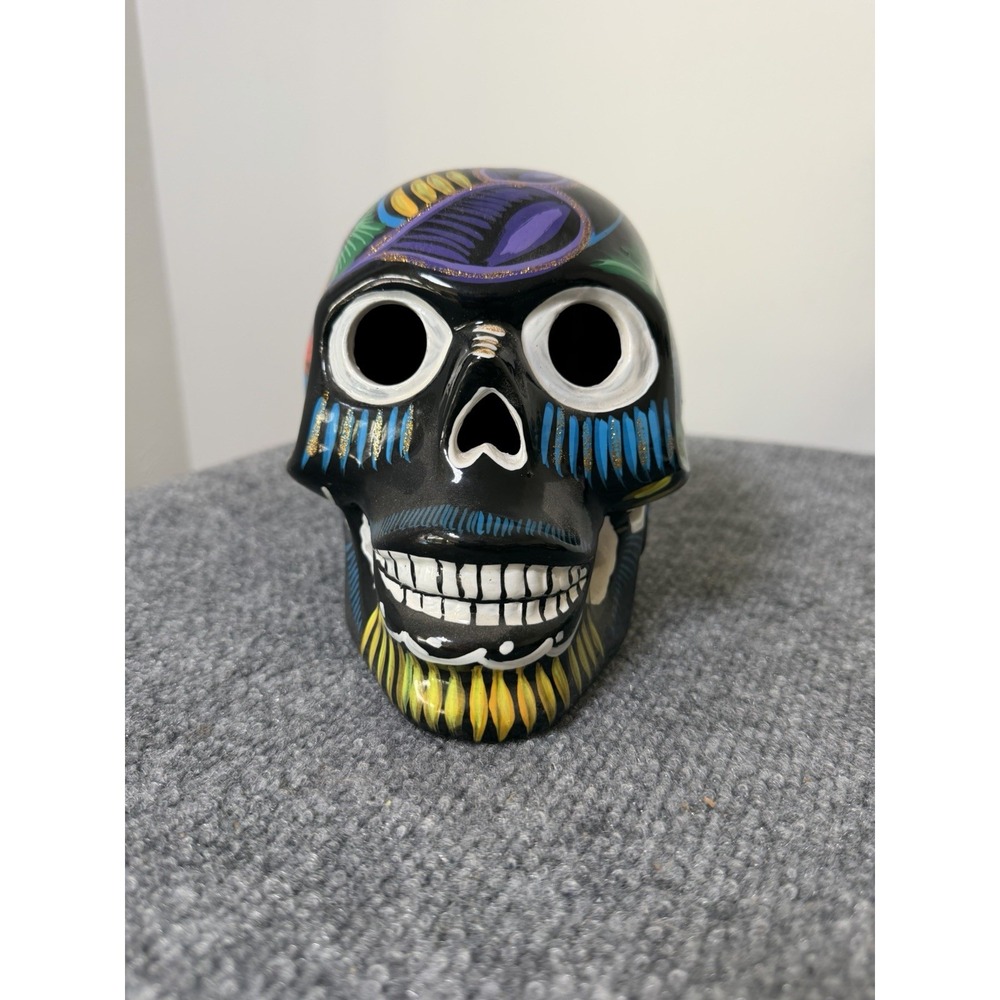 Mexican Day of the Dead Sugar Skull 6" Hand Painted Ceramic Folk Art Black
